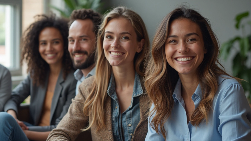 Diverse groep professionals die samenwerken in een open kantoor met glimlachende gezichten en open lichaamstaal
