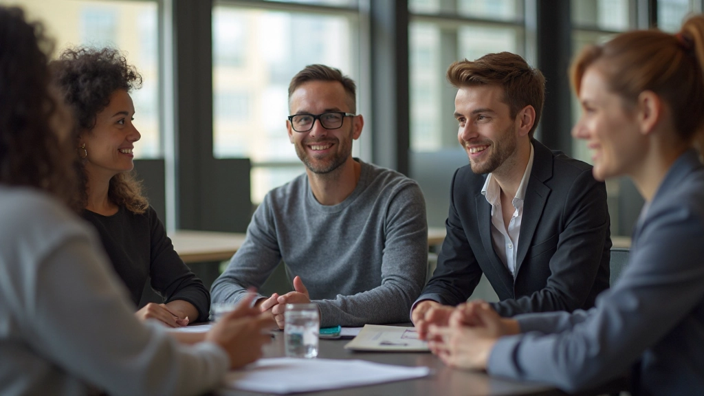 Diverse groep professionals in werketting, samen brainstormen, verschillende perspectieven, respectvolle omgeving, actieve deelname