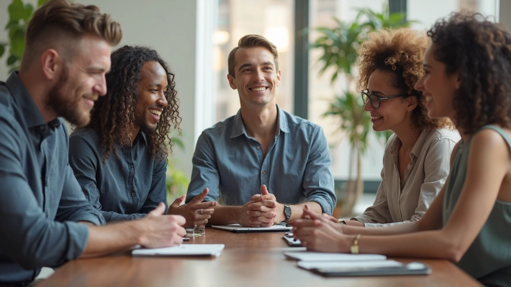 Diverse groep professionals uit verschillende culturen in een moderne kantooromgeving, samen aan tafel werkend