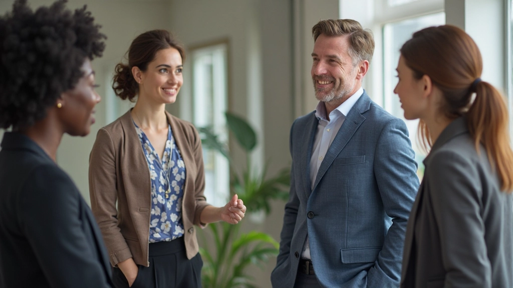 Diverse professionals in een moderne werkomgeving voeren een productief gesprek