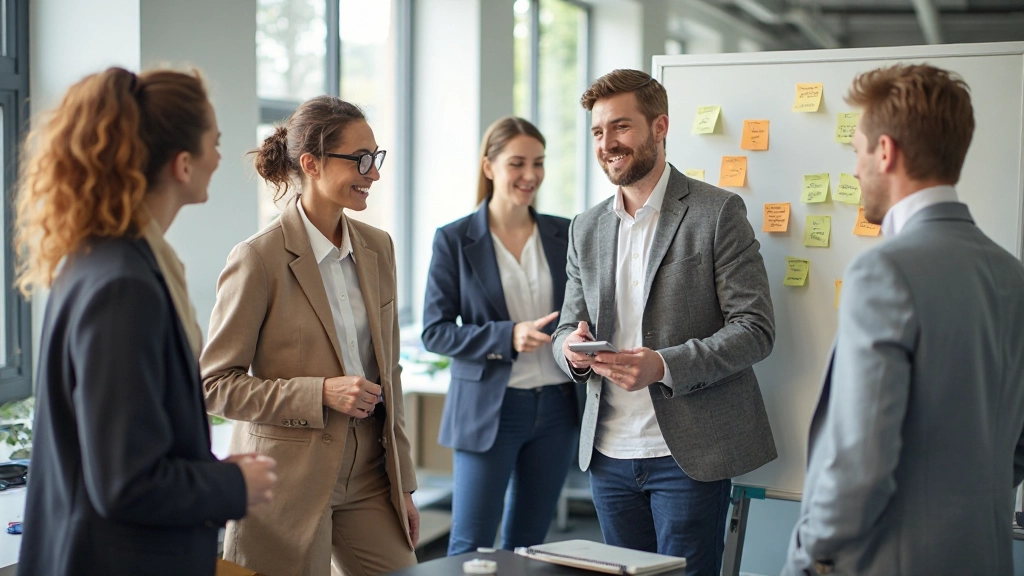 Multiculturele team in brainstormsessie met notities en ideeën op een whiteboard