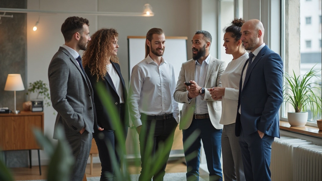 Diverse professionals collaborating in a modern workspace environment