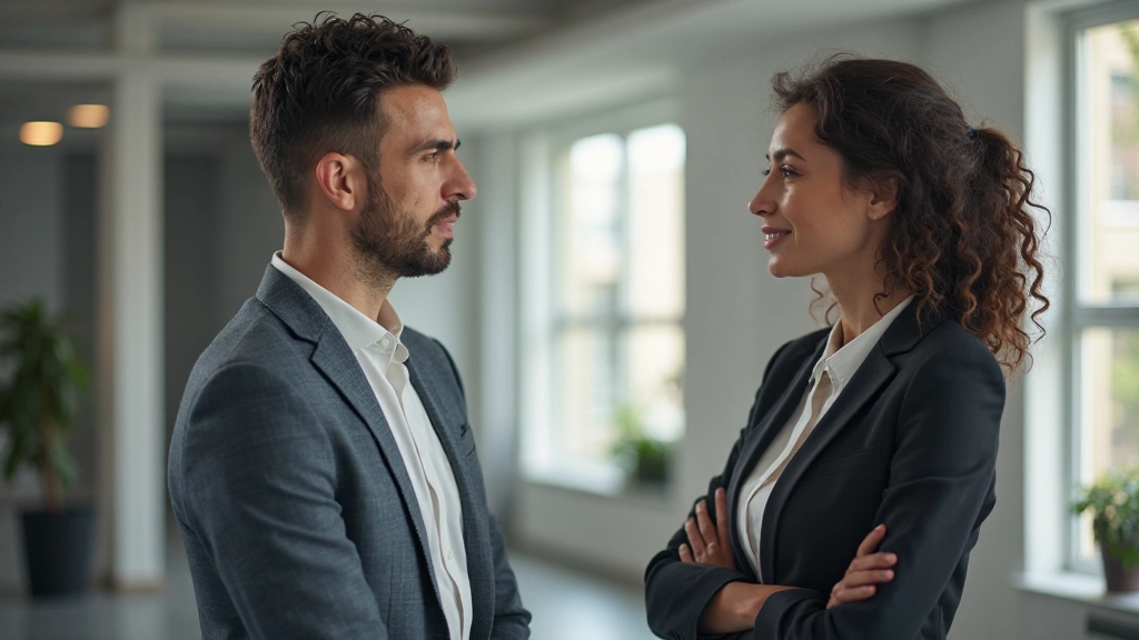 Twee professionals in gesprek, volle aandacht op elkaar, diverse achtergronden, open lichaamstaal in modern kantoor