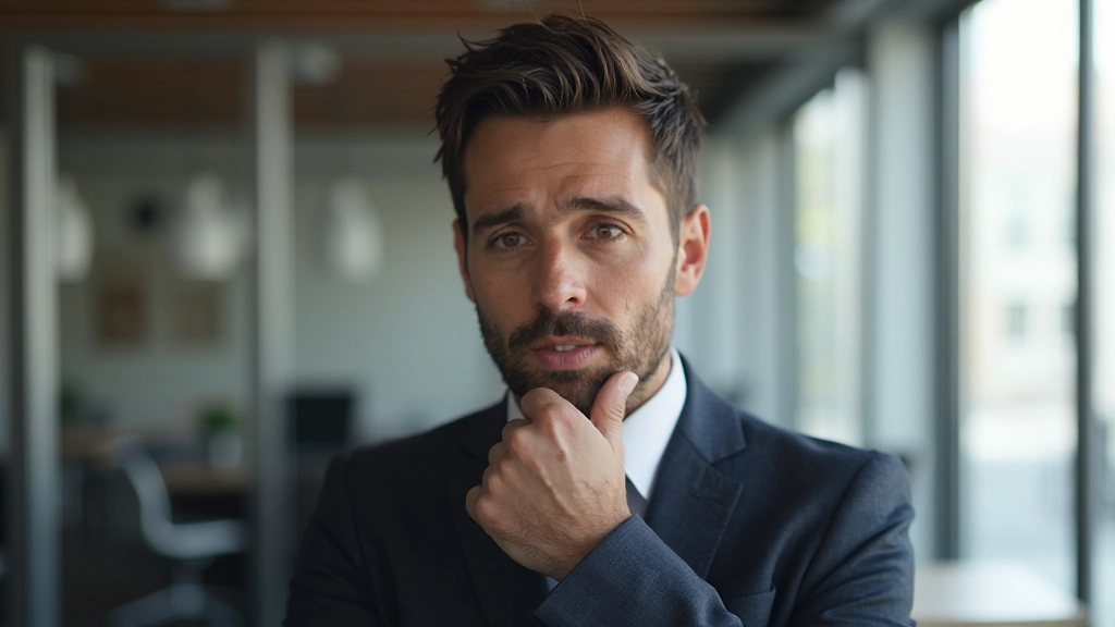 Professional man met denkende uitdrukking in gesprek, reflectie op communicatie