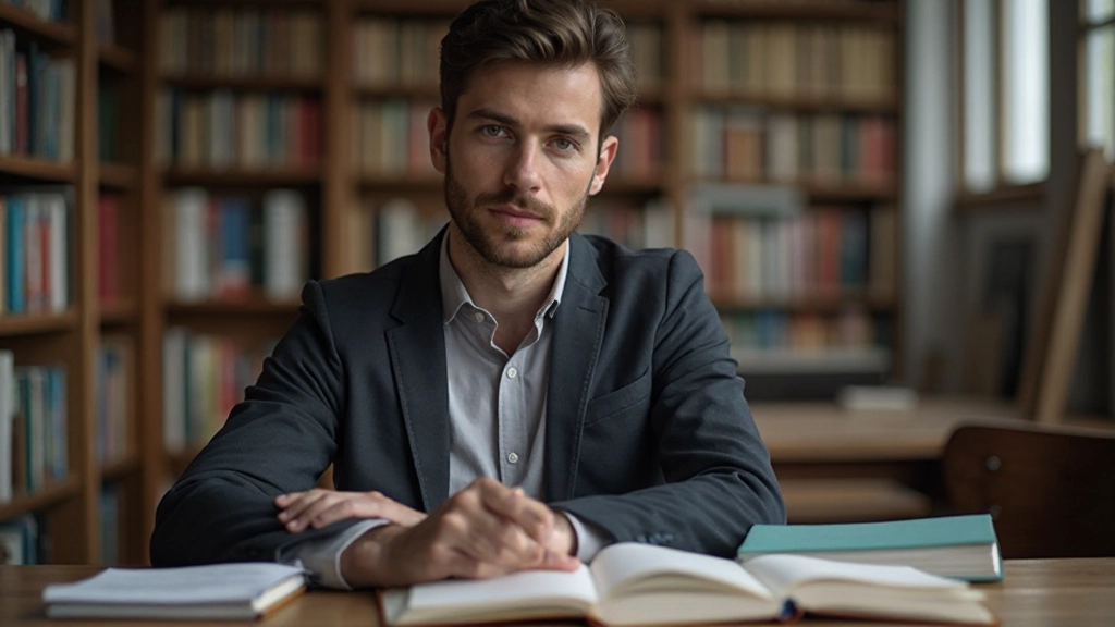 Persoon die studieboeken over wereldculturen leest in een bibliotheek met concentratie