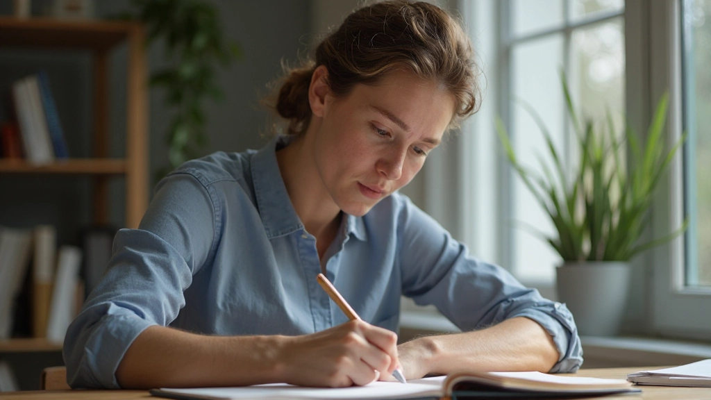 Persoon die reflecteert op zijn eigen gedachten en notities maakt in een dagboek