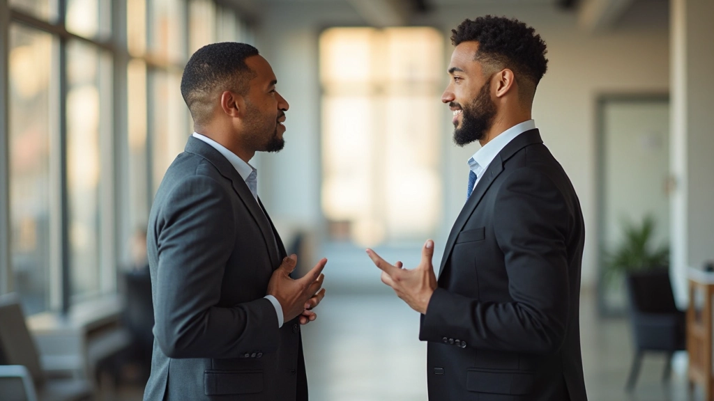 Twee professionals uit verschillende achtergronden voeren een gesprek in een moderne kantooromgeving met natuurlijk licht
