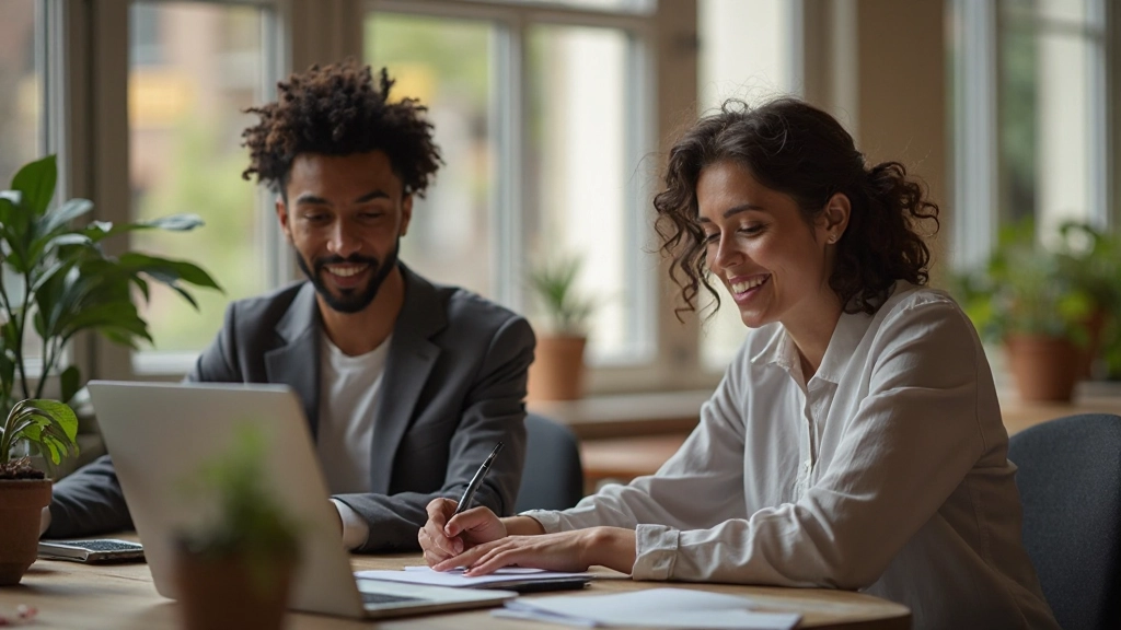 Twee professionals uit verschillende culturele achtergronden werken samen aan een project met notities en ideeën